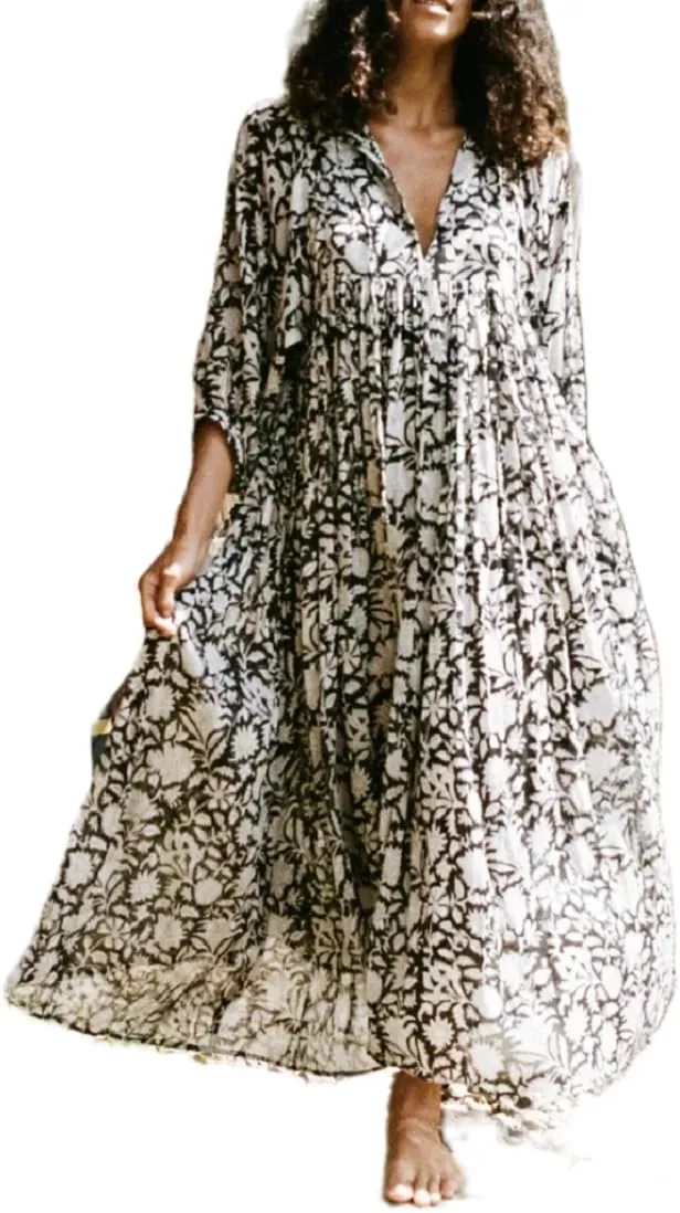 Women Boho Flowy Maxi Dress Floral Print Puff Sleeve Loose Dress Vintage Graphic Casual Swing A Line Beach Sundress