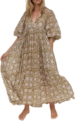 Women Boho Flowy Maxi Dress Floral Print Puff Sleeve Loose Dress Vintage Graphic Casual Swing A Line Beach Sundress