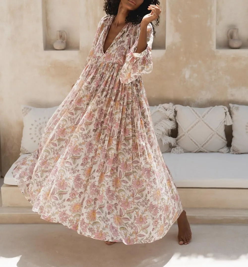 Women Boho Flowy Maxi Dress Floral Print Puff Sleeve Loose Dress Vintage Graphic Casual Swing A Line Beach Sundress