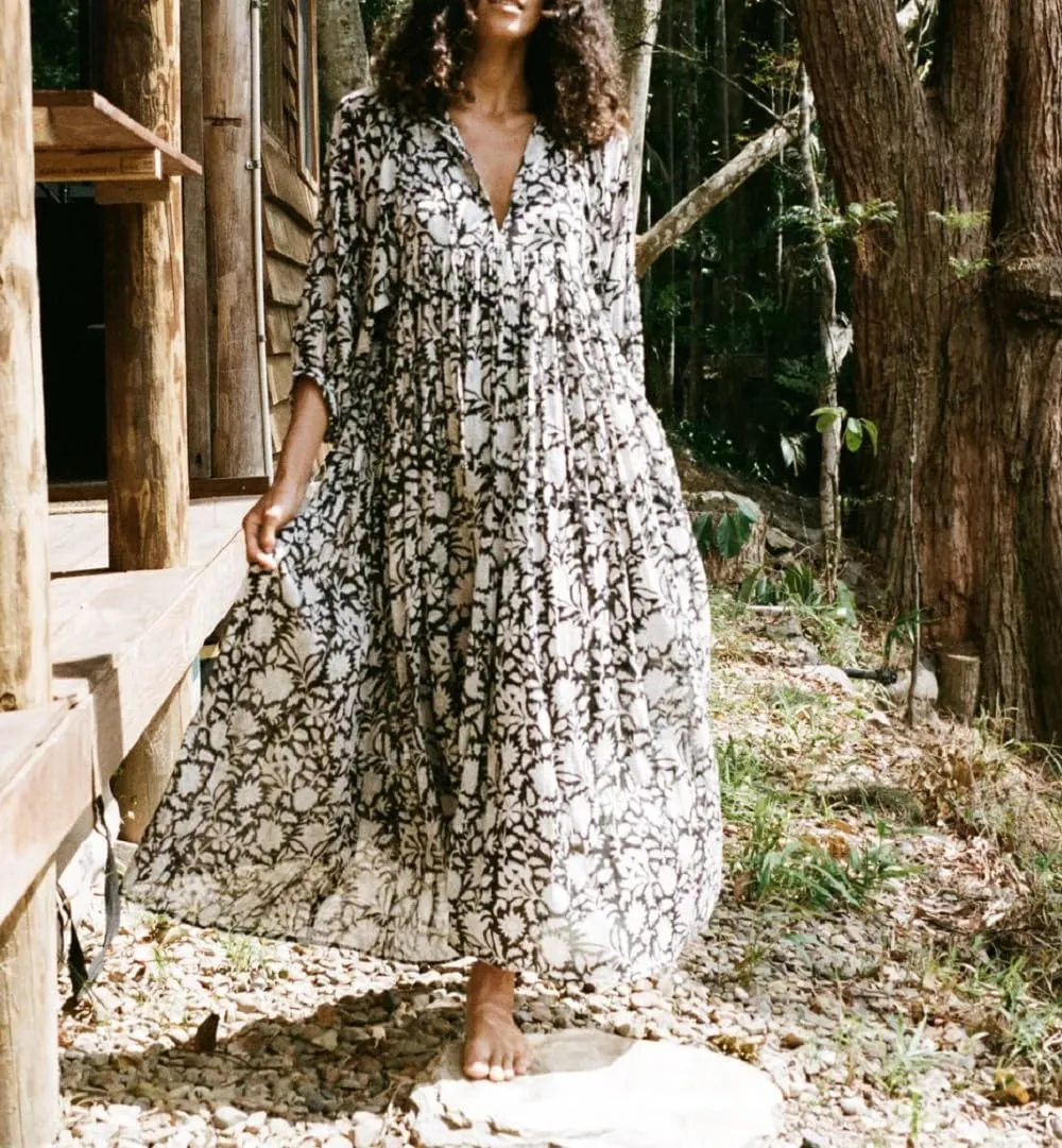 Women Boho Flowy Maxi Dress Floral Print Puff Sleeve Loose Dress Vintage Graphic Casual Swing A Line Beach Sundress