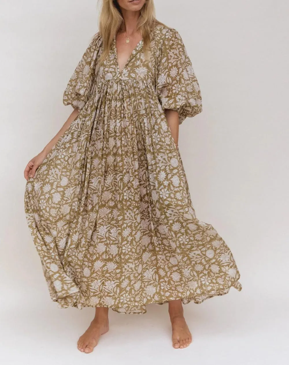Women Boho Flowy Maxi Dress Floral Print Puff Sleeve Loose Dress Vintage Graphic Casual Swing A Line Beach Sundress