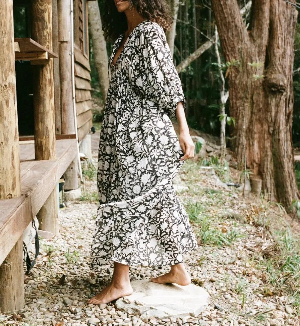 Women Boho Flowy Maxi Dress Floral Print Puff Sleeve Loose Dress Vintage Graphic Casual Swing A Line Beach Sundress