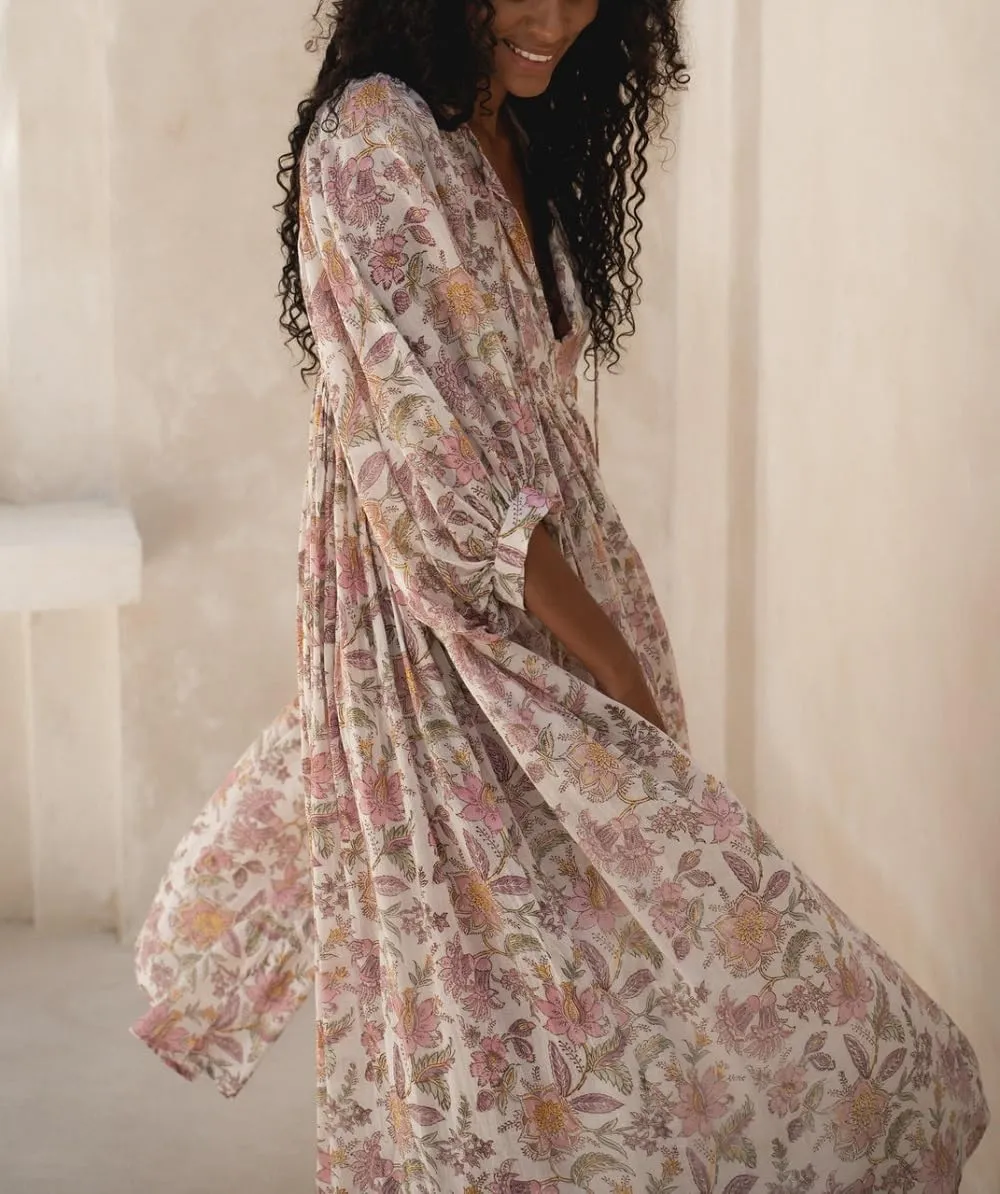 Women Boho Flowy Maxi Dress Floral Print Puff Sleeve Loose Dress Vintage Graphic Casual Swing A Line Beach Sundress