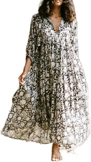 Women Boho Flowy Maxi Dress Floral Print Puff Sleeve Loose Dress Vintage Graphic Casual Swing A Line Beach Sundress