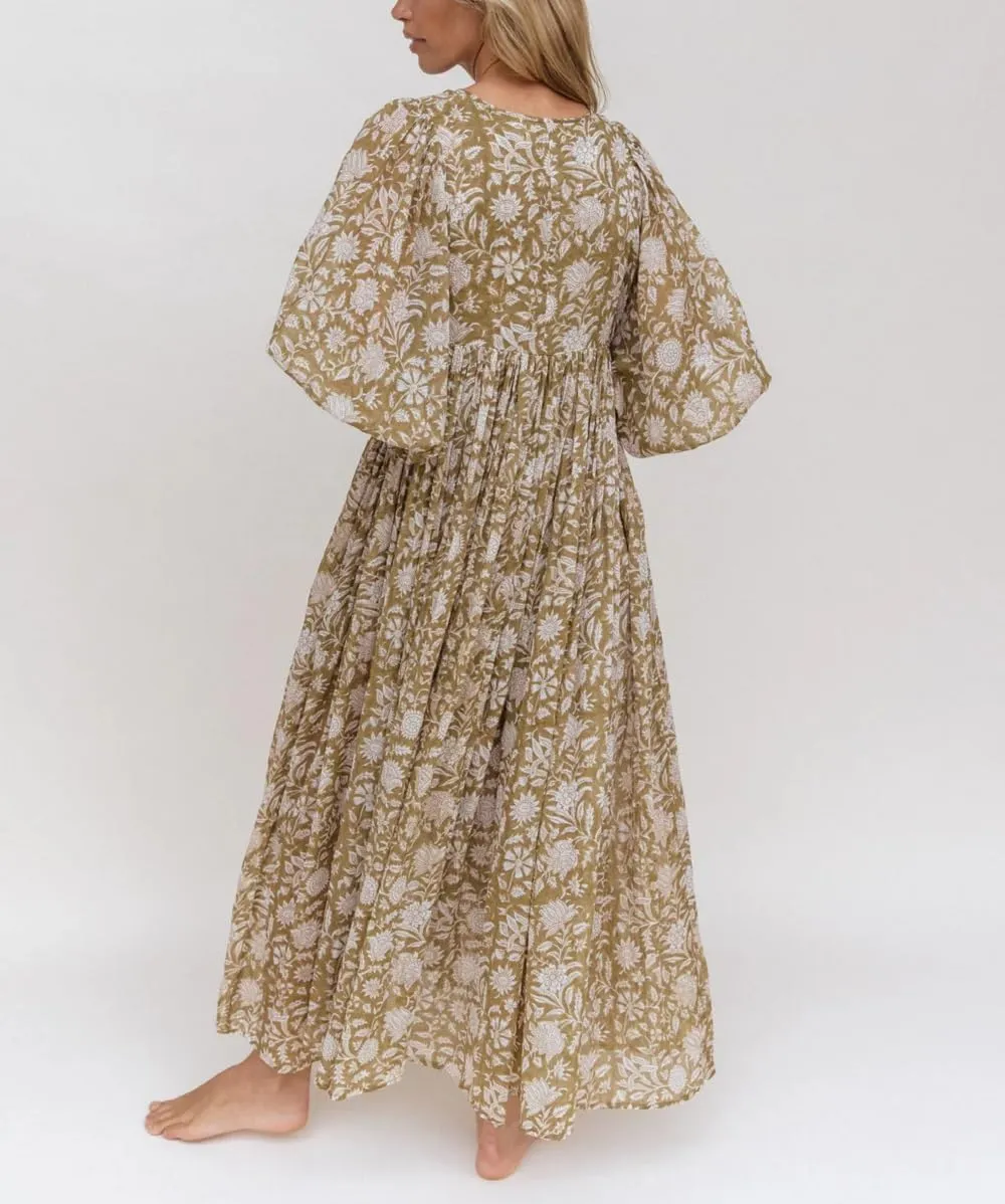 Women Boho Flowy Maxi Dress Floral Print Puff Sleeve Loose Dress Vintage Graphic Casual Swing A Line Beach Sundress