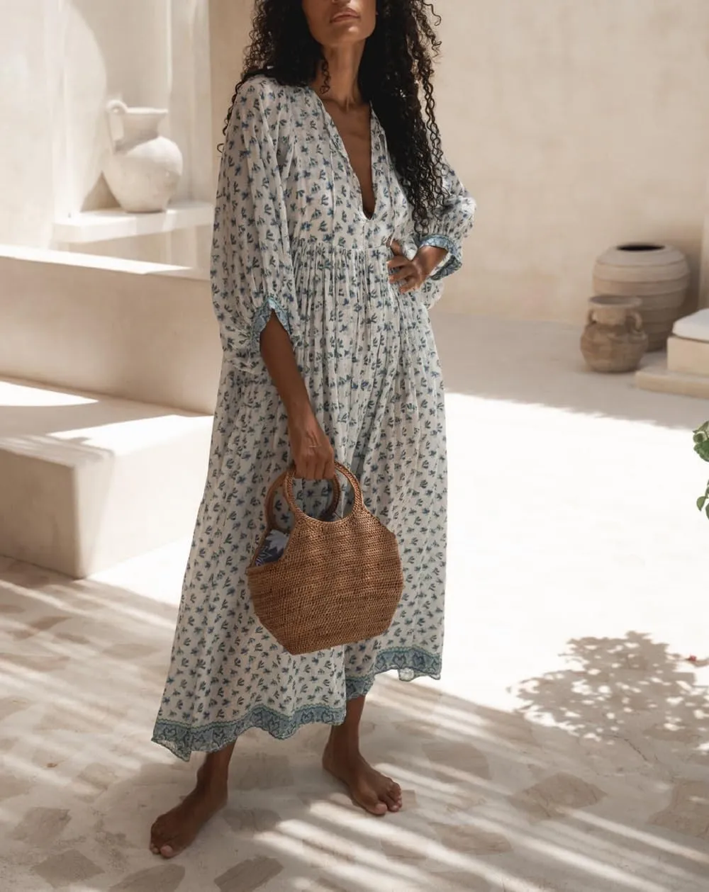 Women Boho Flowy Maxi Dress Floral Print Puff Sleeve Loose Dress Vintage Graphic Casual Swing A Line Beach Sundress