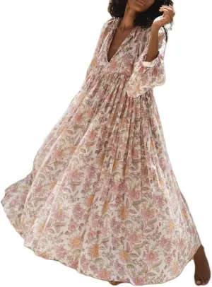 Women Boho Flowy Maxi Dress Floral Print Puff Sleeve Loose Dress Vintage Graphic Casual Swing A Line Beach Sundress