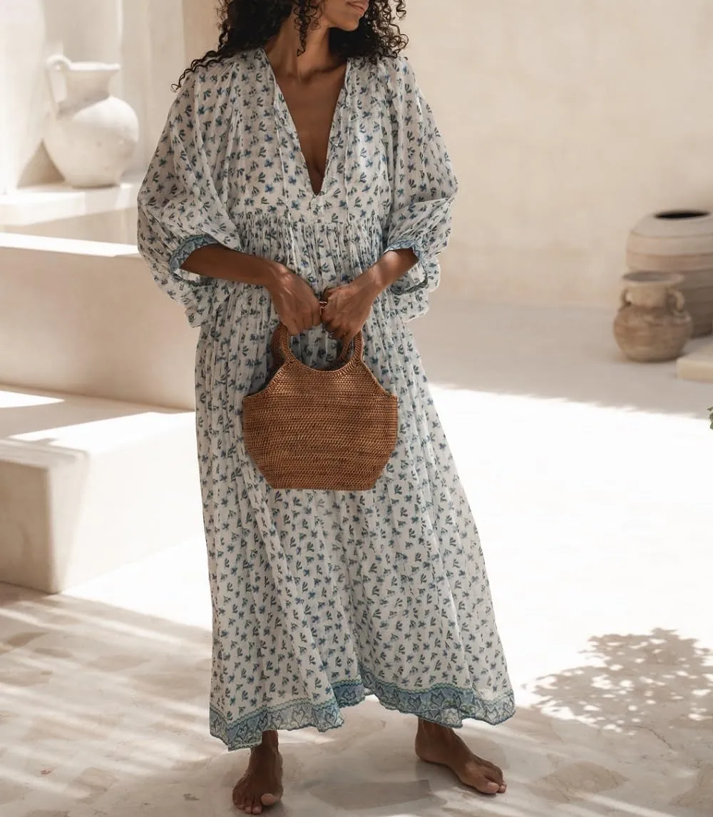 Women Boho Flowy Maxi Dress Floral Print Puff Sleeve Loose Dress Vintage Graphic Casual Swing A Line Beach Sundress