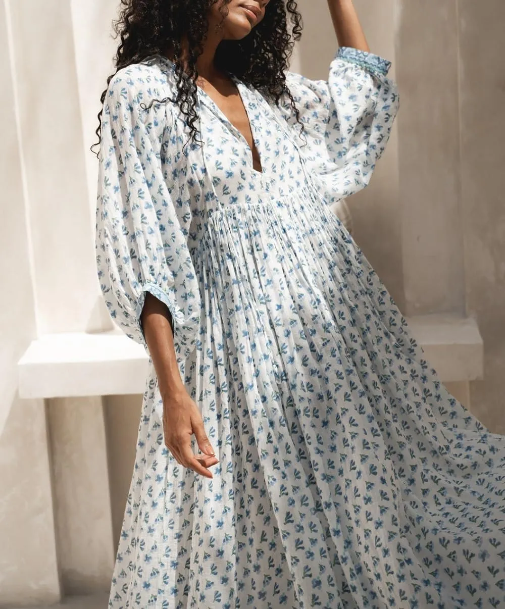 Women Boho Flowy Maxi Dress Floral Print Puff Sleeve Loose Dress Vintage Graphic Casual Swing A Line Beach Sundress