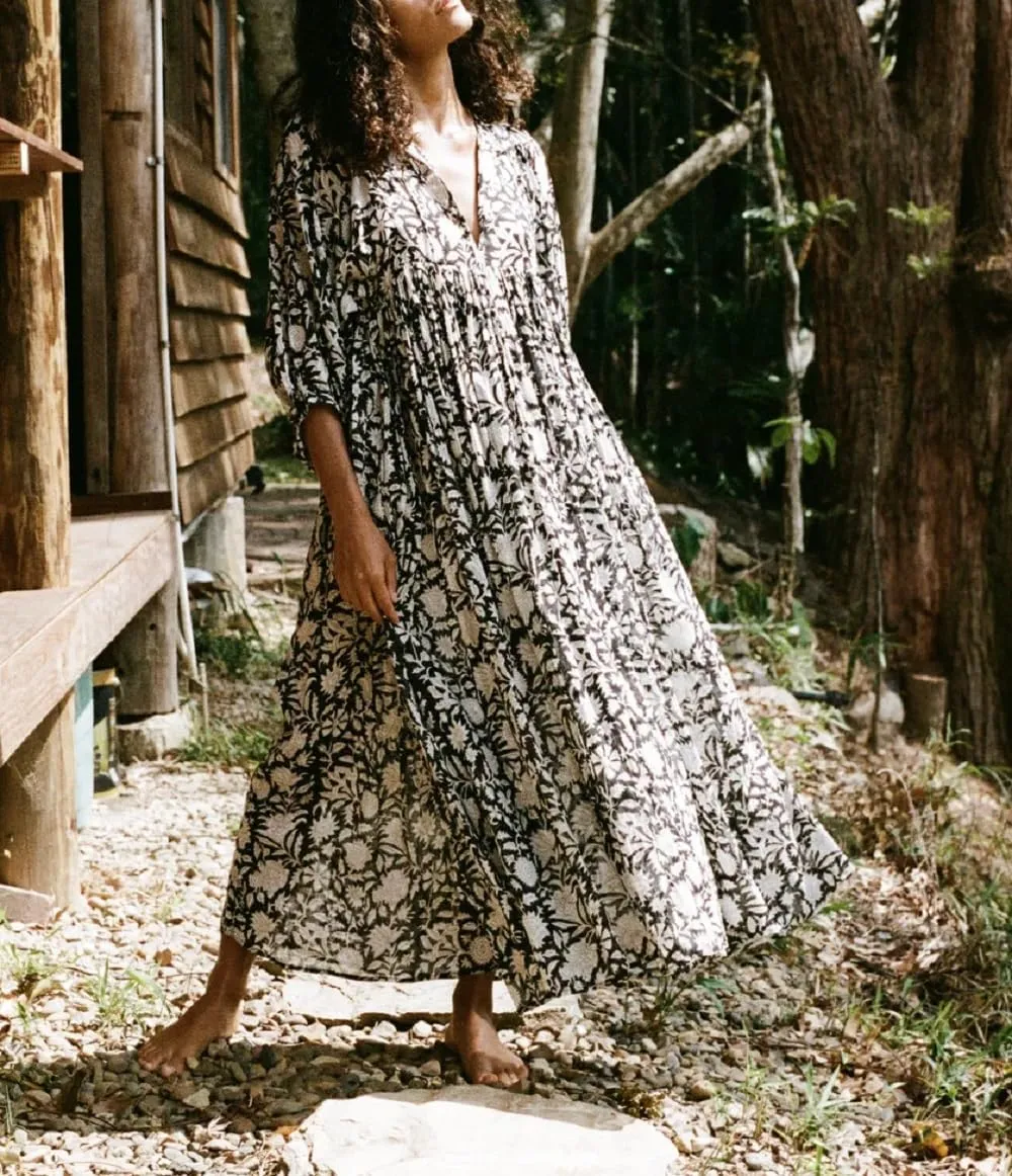 Women Boho Flowy Maxi Dress Floral Print Puff Sleeve Loose Dress Vintage Graphic Casual Swing A Line Beach Sundress