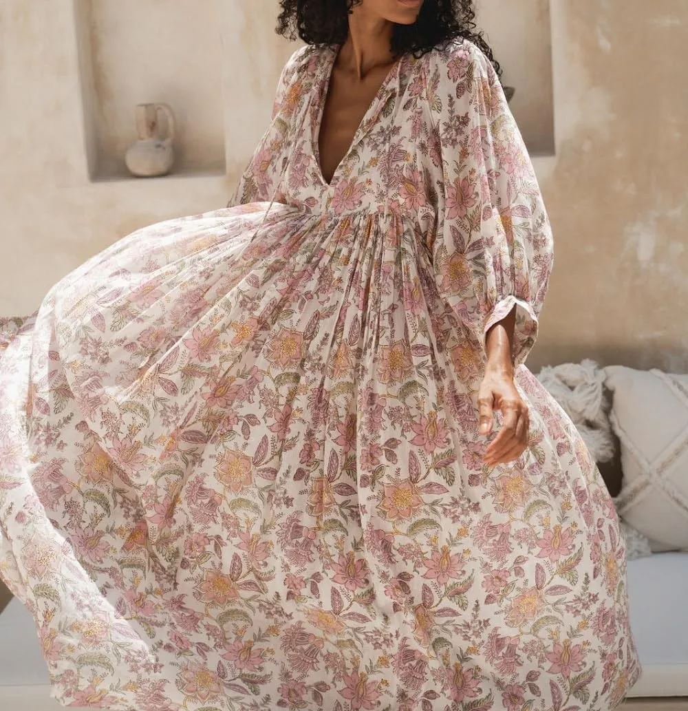 Women Boho Flowy Maxi Dress Floral Print Puff Sleeve Loose Dress Vintage Graphic Casual Swing A Line Beach Sundress
