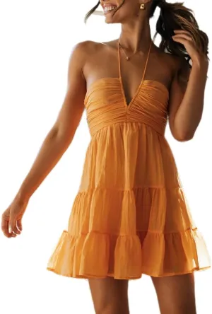 Women Boho Halter Neck Mini Dress Backless Ruffle Tiered Flowy Short Dress Floral Spaghetti Strap Smocked Sundress