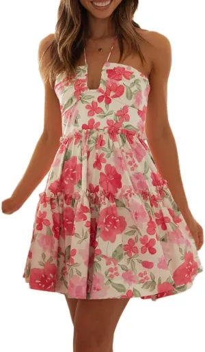 Women Boho Halter Neck Mini Dress Backless Ruffle Tiered Flowy Short Dress Floral Spaghetti Strap Smocked Sundress