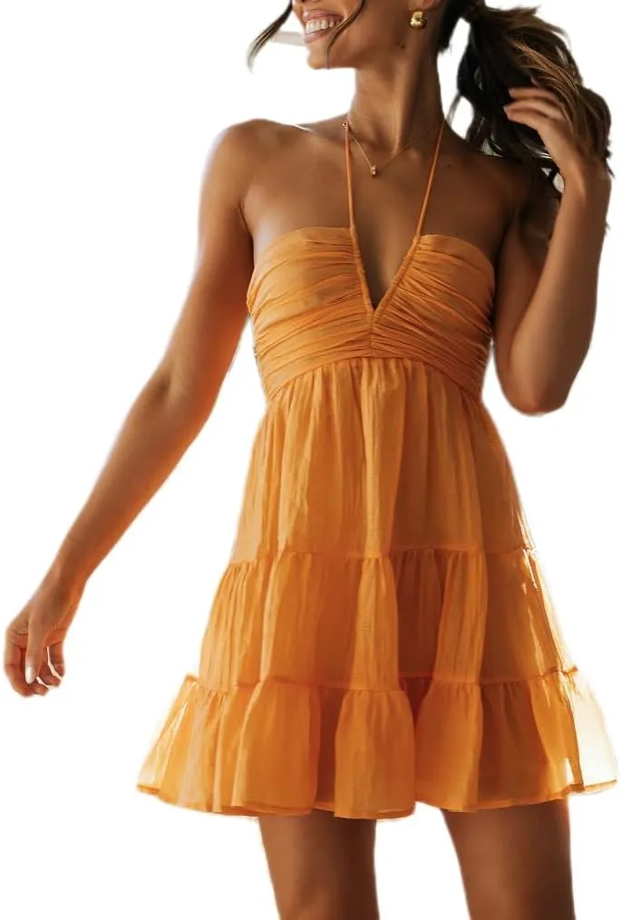 Women Boho Halter Neck Mini Dress Backless Ruffle Tiered Flowy Short Dress Floral Spaghetti Strap Smocked Sundress