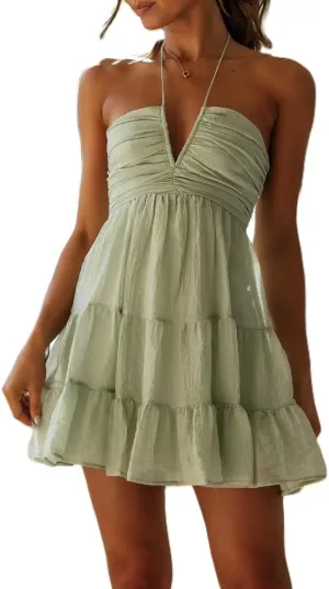 Women Boho Halter Neck Mini Dress Backless Ruffle Tiered Flowy Short Dress Floral Spaghetti Strap Smocked Sundress