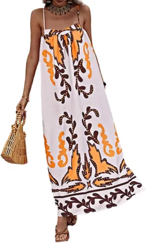 Women Boho Spaghetti Strap Maxi Dress Graffiti Cami Flowy Long Dress Graphic Casual Smocked Vacation Beach Sundress