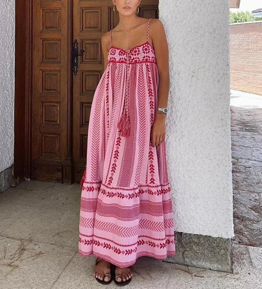 Women Boho Spaghetti Strap Maxi Dress Graffiti Cami Flowy Long Dress Graphic Casual Smocked Vacation Beach Sundress