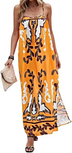 Women Boho Spaghetti Strap Maxi Dress Graffiti Cami Flowy Long Dress Graphic Casual Smocked Vacation Beach Sundress
