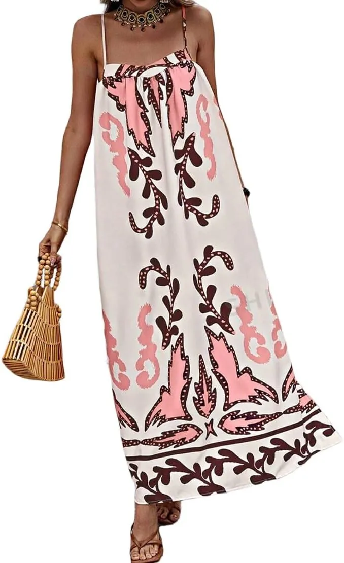 Women Boho Spaghetti Strap Maxi Dress Graffiti Cami Flowy Long Dress Graphic Casual Smocked Vacation Beach Sundress