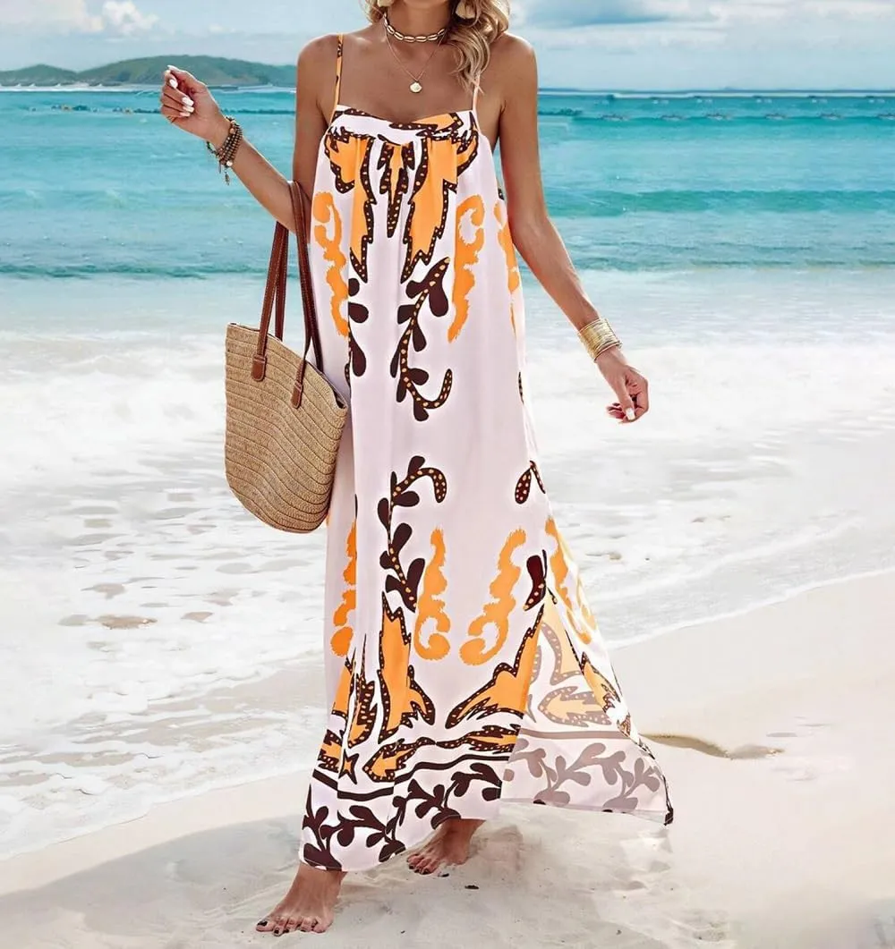 Women Boho Spaghetti Strap Maxi Dress Graffiti Cami Flowy Long Dress Graphic Casual Smocked Vacation Beach Sundress