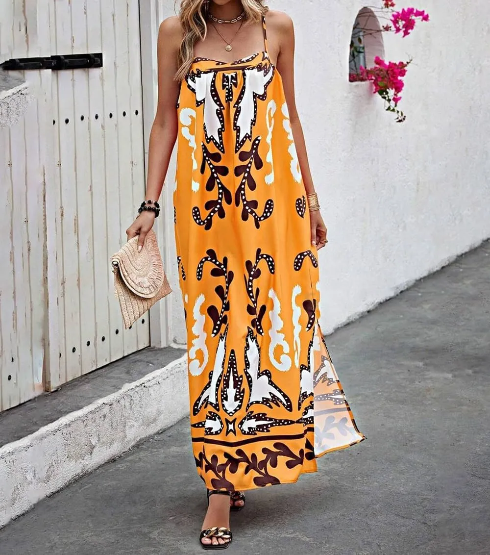 Women Boho Spaghetti Strap Maxi Dress Graffiti Cami Flowy Long Dress Graphic Casual Smocked Vacation Beach Sundress