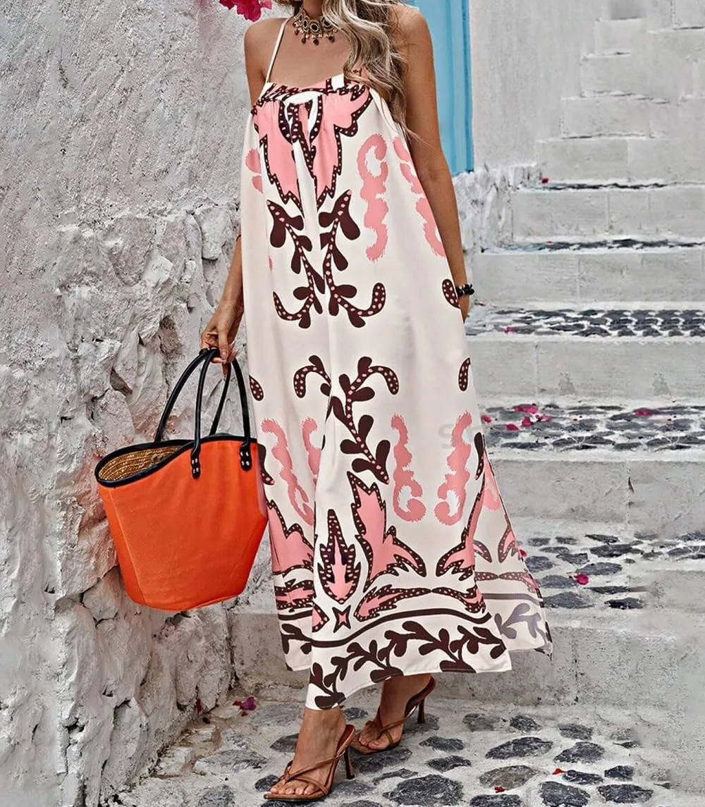 Women Boho Spaghetti Strap Maxi Dress Graffiti Cami Flowy Long Dress Graphic Casual Smocked Vacation Beach Sundress