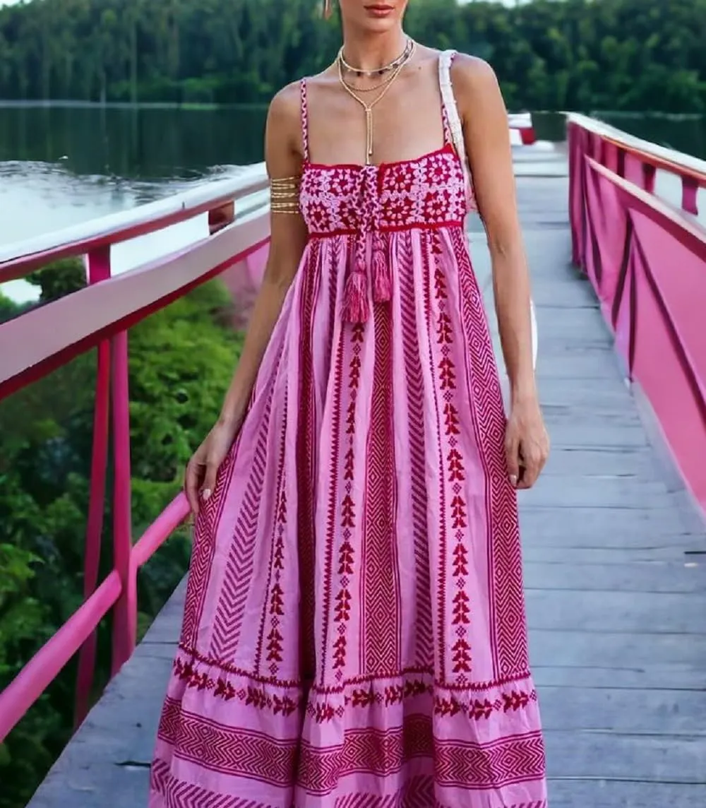 Women Boho Spaghetti Strap Maxi Dress Graffiti Cami Flowy Long Dress Graphic Casual Smocked Vacation Beach Sundress