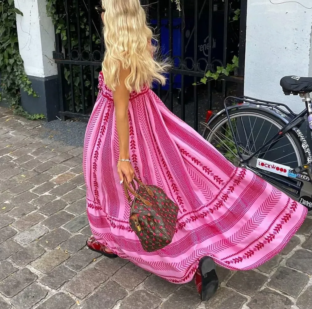 Women Boho Spaghetti Strap Maxi Dress Graffiti Cami Flowy Long Dress Graphic Casual Smocked Vacation Beach Sundress