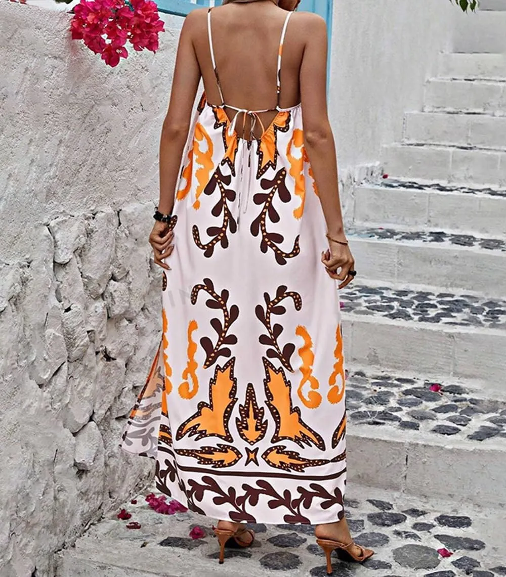 Women Boho Spaghetti Strap Maxi Dress Graffiti Cami Flowy Long Dress Graphic Casual Smocked Vacation Beach Sundress