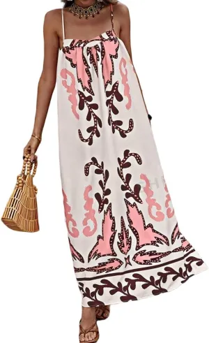 Women Boho Spaghetti Strap Maxi Dress Graffiti Cami Flowy Long Dress Graphic Casual Smocked Vacation Beach Sundress