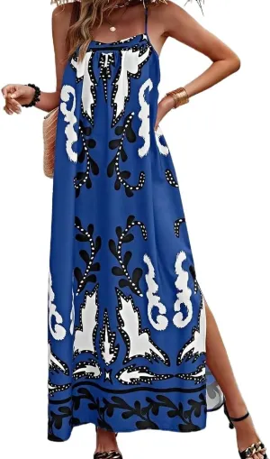 Women Boho Spaghetti Strap Maxi Dress Graffiti Cami Flowy Long Dress Graphic Casual Smocked Vacation Beach Sundress