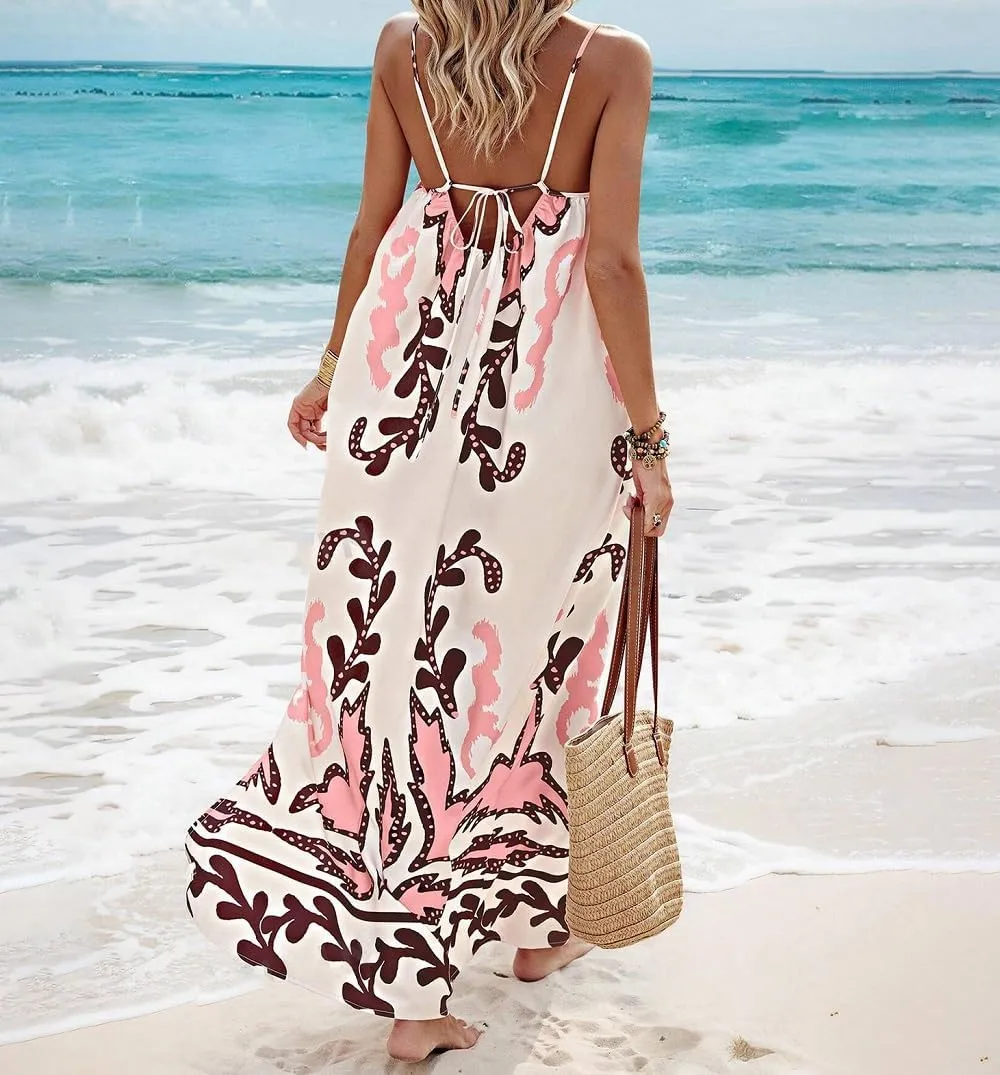 Women Boho Spaghetti Strap Maxi Dress Graffiti Cami Flowy Long Dress Graphic Casual Smocked Vacation Beach Sundress