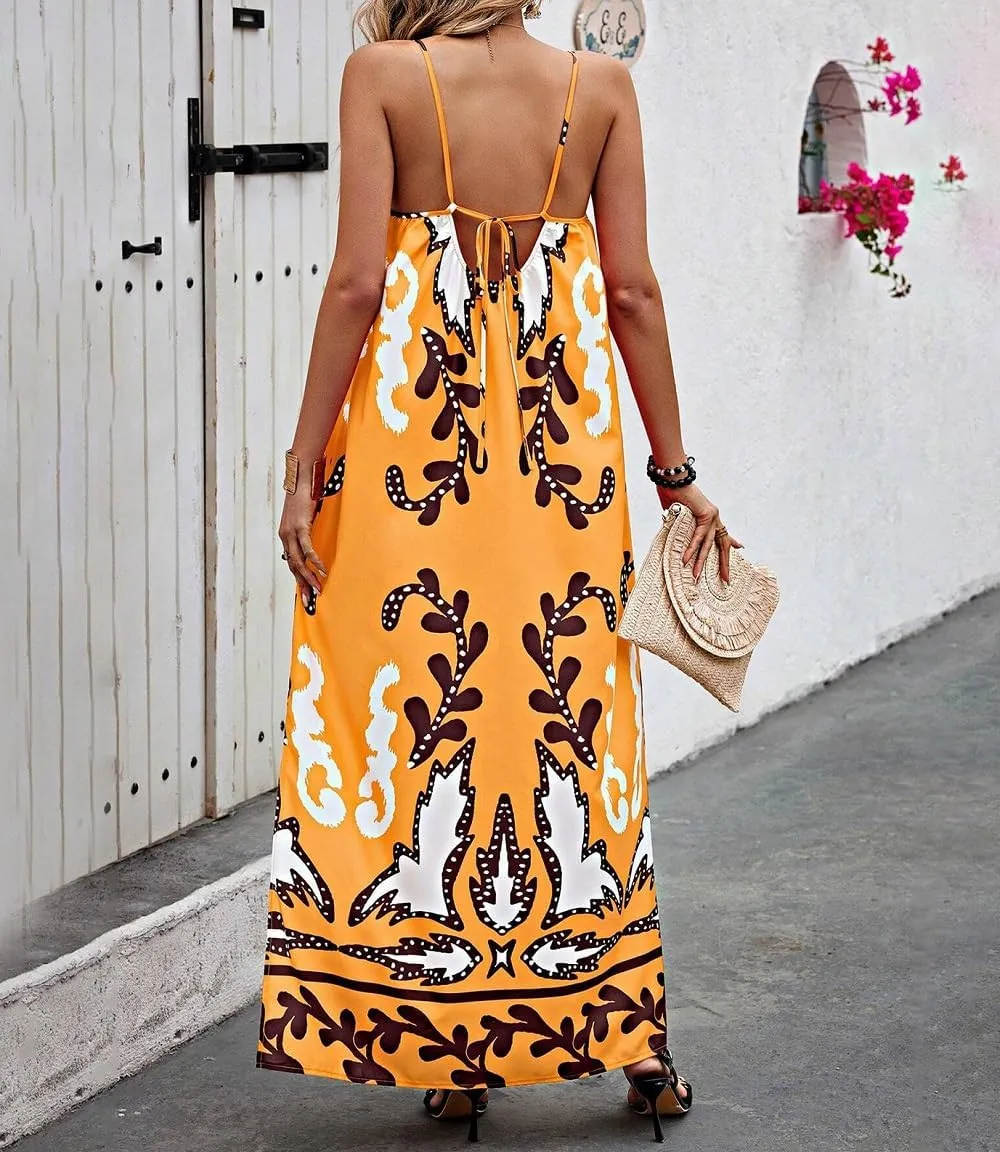 Women Boho Spaghetti Strap Maxi Dress Graffiti Cami Flowy Long Dress Graphic Casual Smocked Vacation Beach Sundress