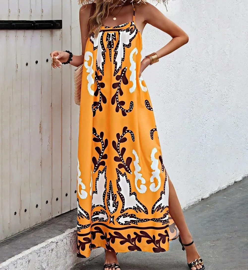 Women Boho Spaghetti Strap Maxi Dress Graffiti Cami Flowy Long Dress Graphic Casual Smocked Vacation Beach Sundress