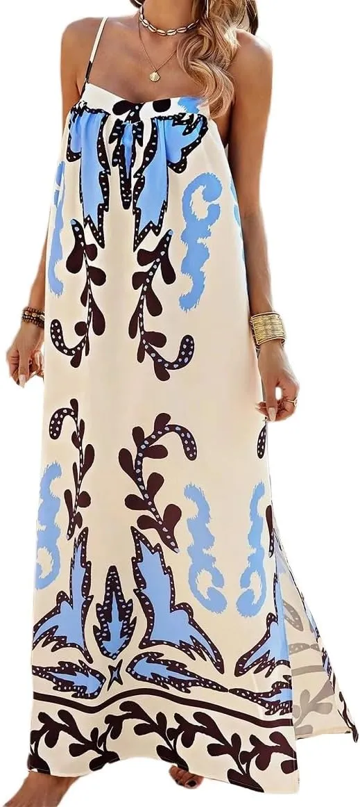 Women Boho Spaghetti Strap Maxi Dress Graffiti Cami Flowy Long Dress Graphic Casual Smocked Vacation Beach Sundress