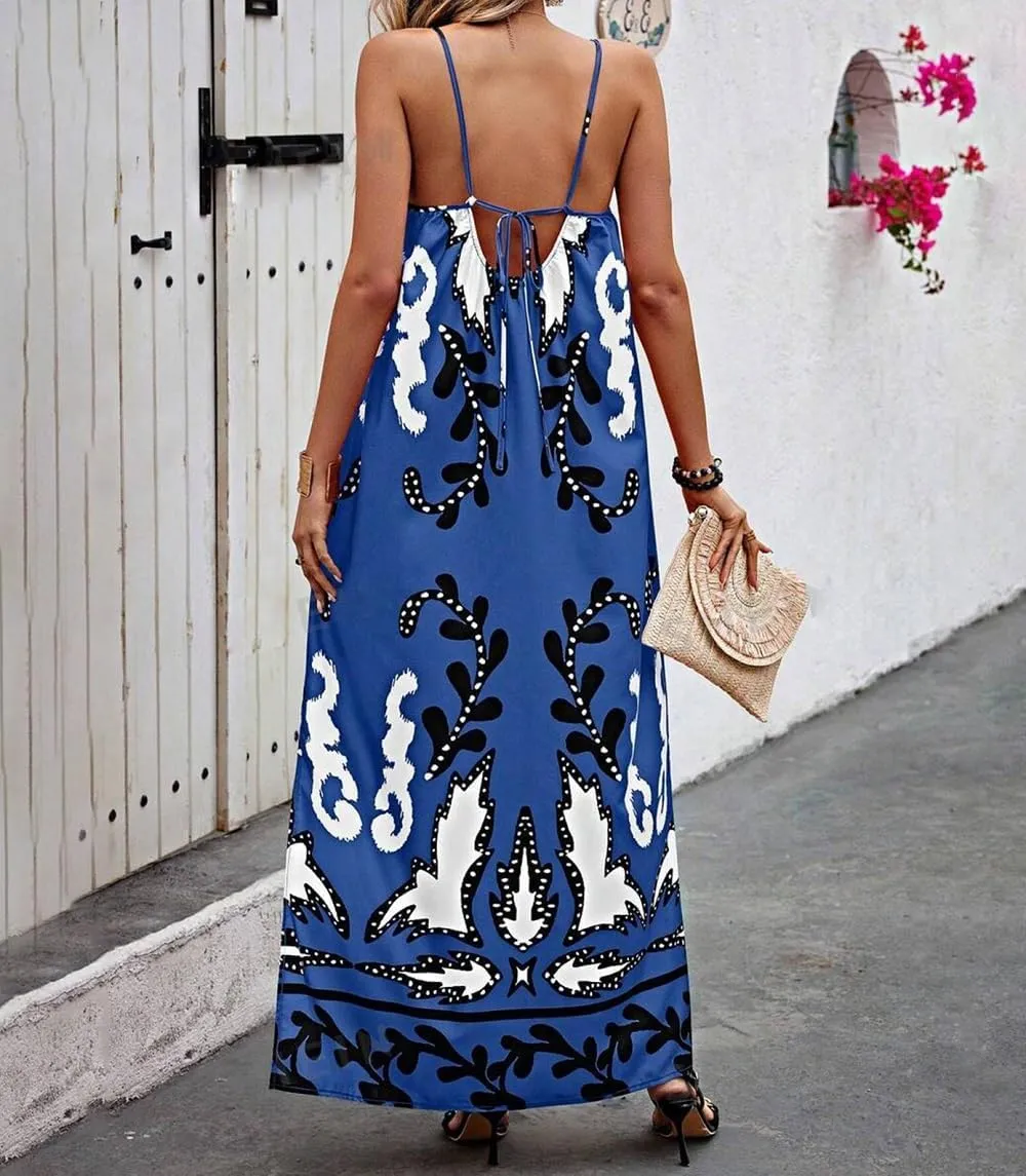 Women Boho Spaghetti Strap Maxi Dress Graffiti Cami Flowy Long Dress Graphic Casual Smocked Vacation Beach Sundress