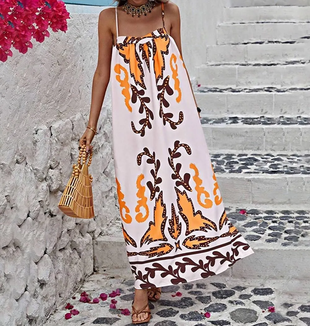 Women Boho Spaghetti Strap Maxi Dress Graffiti Cami Flowy Long Dress Graphic Casual Smocked Vacation Beach Sundress