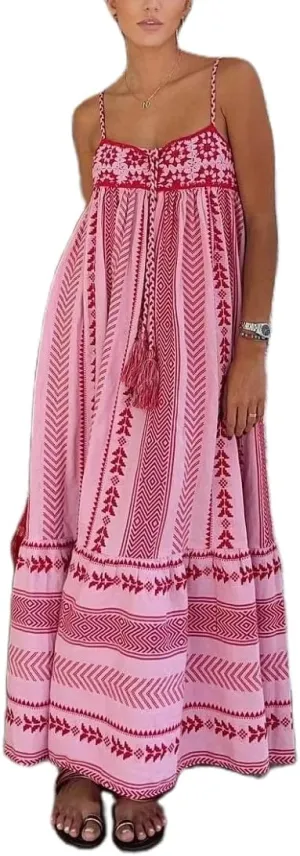 Women Boho Spaghetti Strap Maxi Dress Graffiti Cami Flowy Long Dress Graphic Casual Smocked Vacation Beach Sundress
