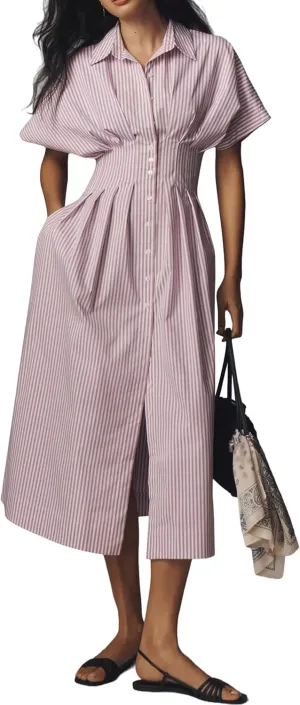 Women Button Front Pleated Shirt Maxi Dress Summer Striped Prints Short Sleeve Collar Casual Long Dresses