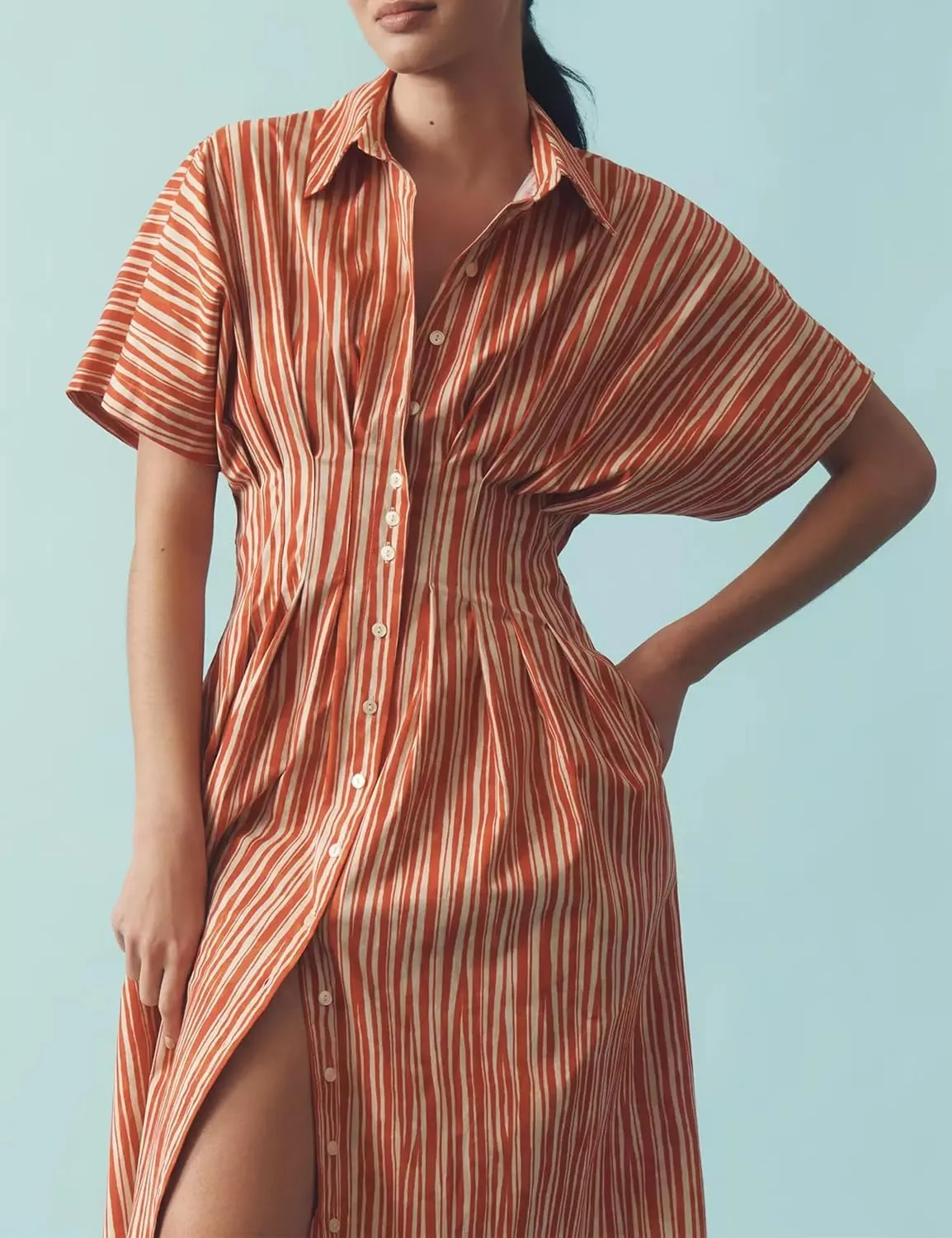 Women Button Front Pleated Shirt Maxi Dress Summer Striped Prints Short Sleeve Collar Casual Long Dresses