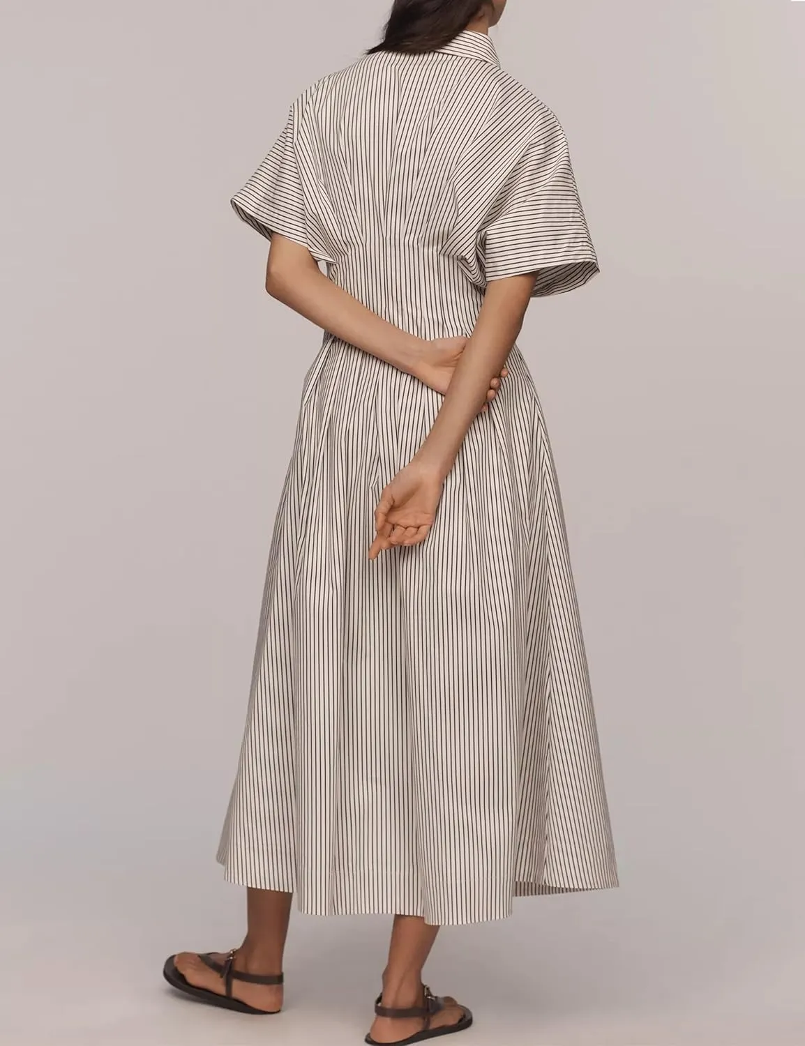 Women Button Front Pleated Shirt Maxi Dress Summer Striped Prints Short Sleeve Collar Casual Long Dresses