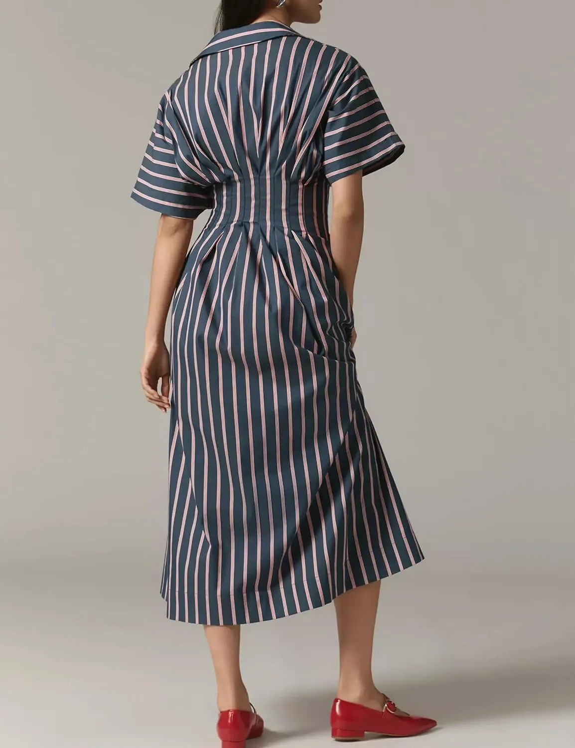 Women Button Front Pleated Shirt Maxi Dress Summer Striped Prints Short Sleeve Collar Casual Long Dresses