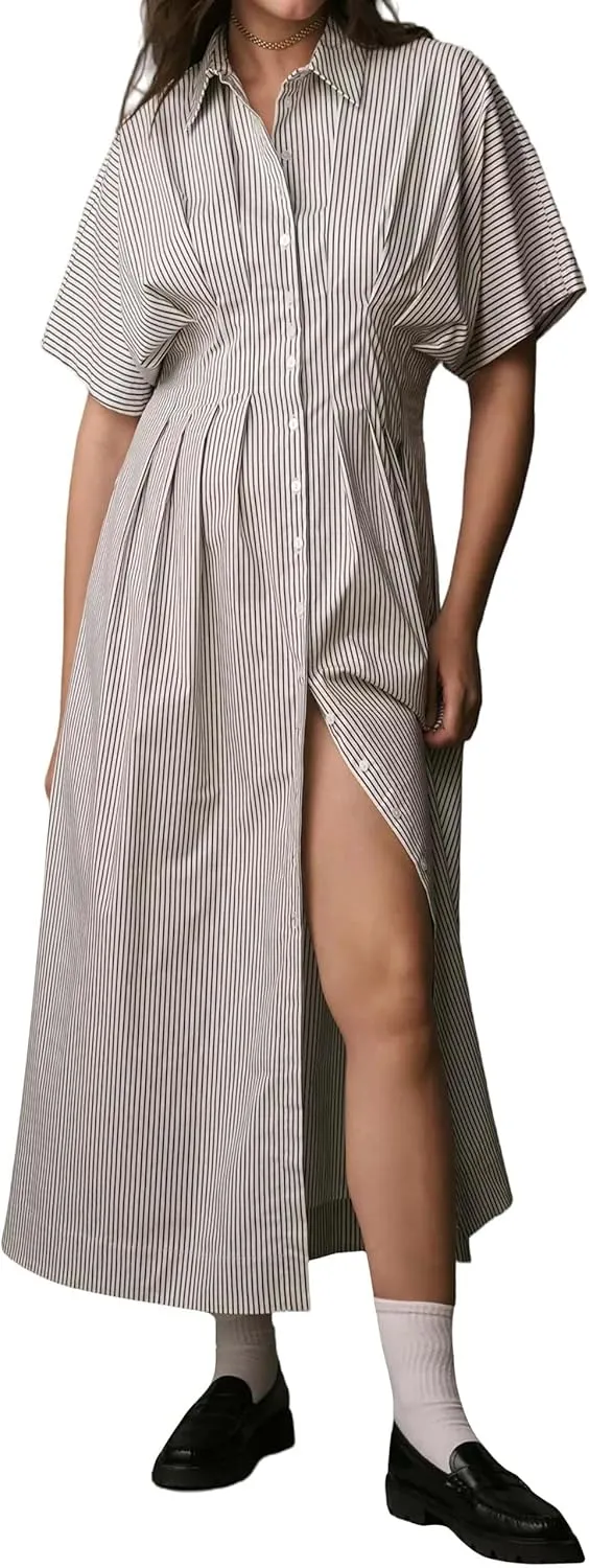 Women Button Front Pleated Shirt Maxi Dress Summer Striped Prints Short Sleeve Collar Casual Long Dresses