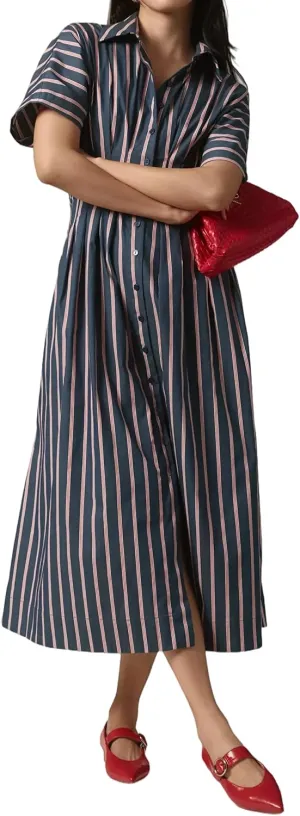 Women Button Front Pleated Shirt Maxi Dress Summer Striped Prints Short Sleeve Collar Casual Long Dresses