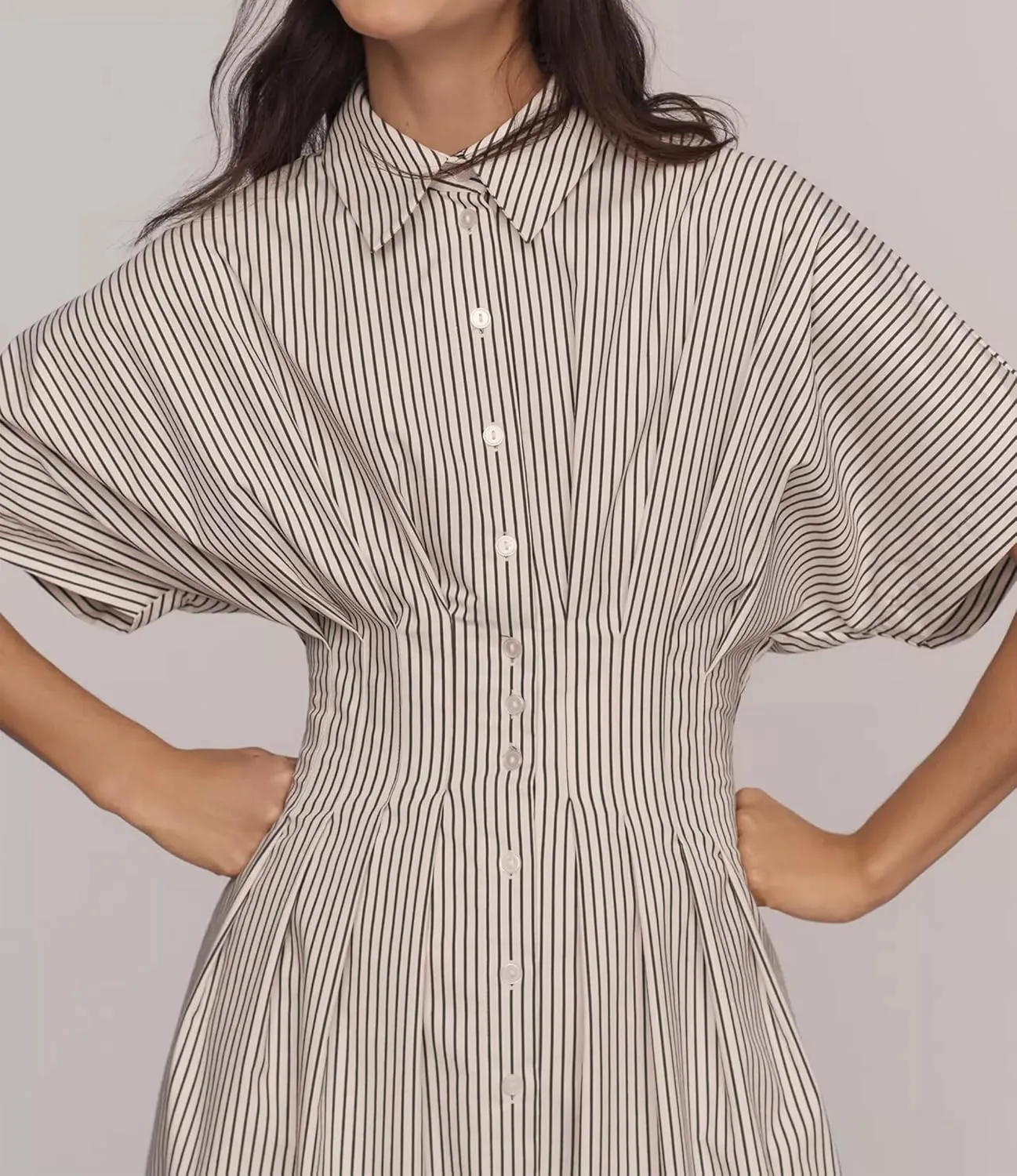 Women Button Front Pleated Shirt Maxi Dress Summer Striped Prints Short Sleeve Collar Casual Long Dresses