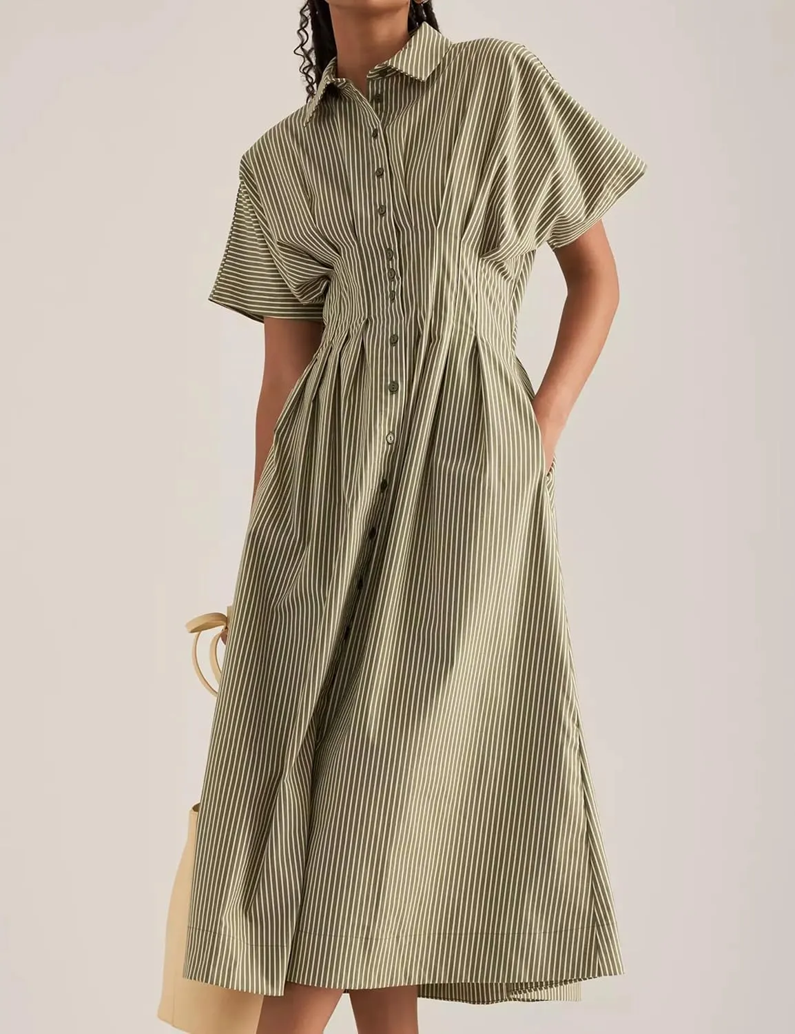 Women Button Front Pleated Shirt Maxi Dress Summer Striped Prints Short Sleeve Collar Casual Long Dresses