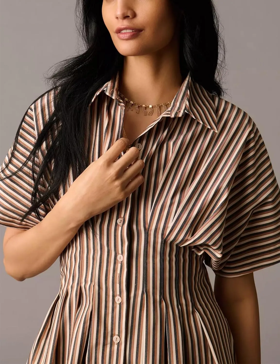 Women Button Front Pleated Shirt Maxi Dress Summer Striped Prints Short Sleeve Collar Casual Long Dresses