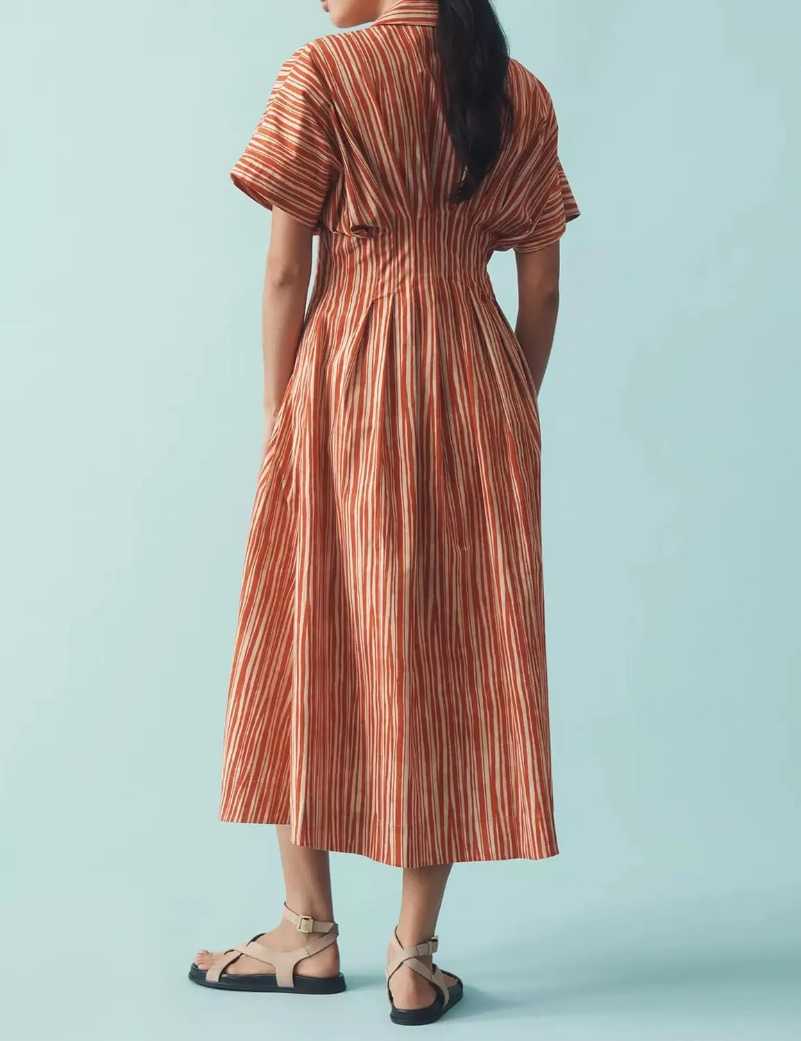 Women Button Front Pleated Shirt Maxi Dress Summer Striped Prints Short Sleeve Collar Casual Long Dresses