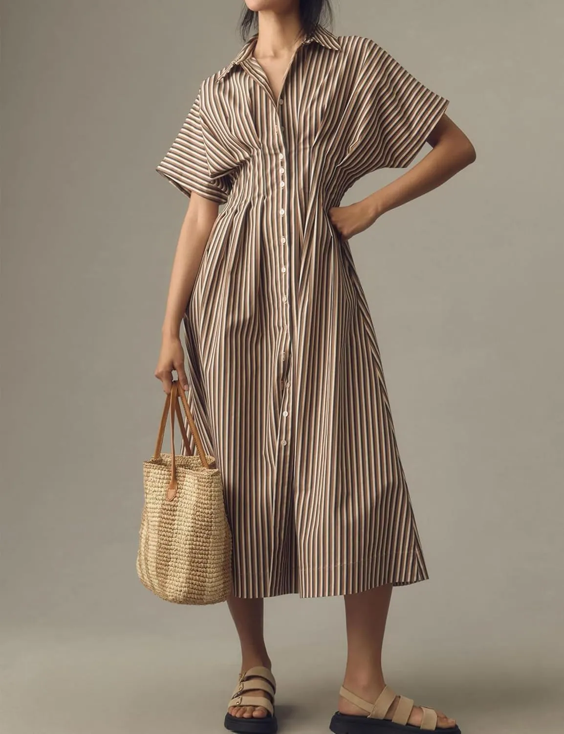 Women Button Front Pleated Shirt Maxi Dress Summer Striped Prints Short Sleeve Collar Casual Long Dresses