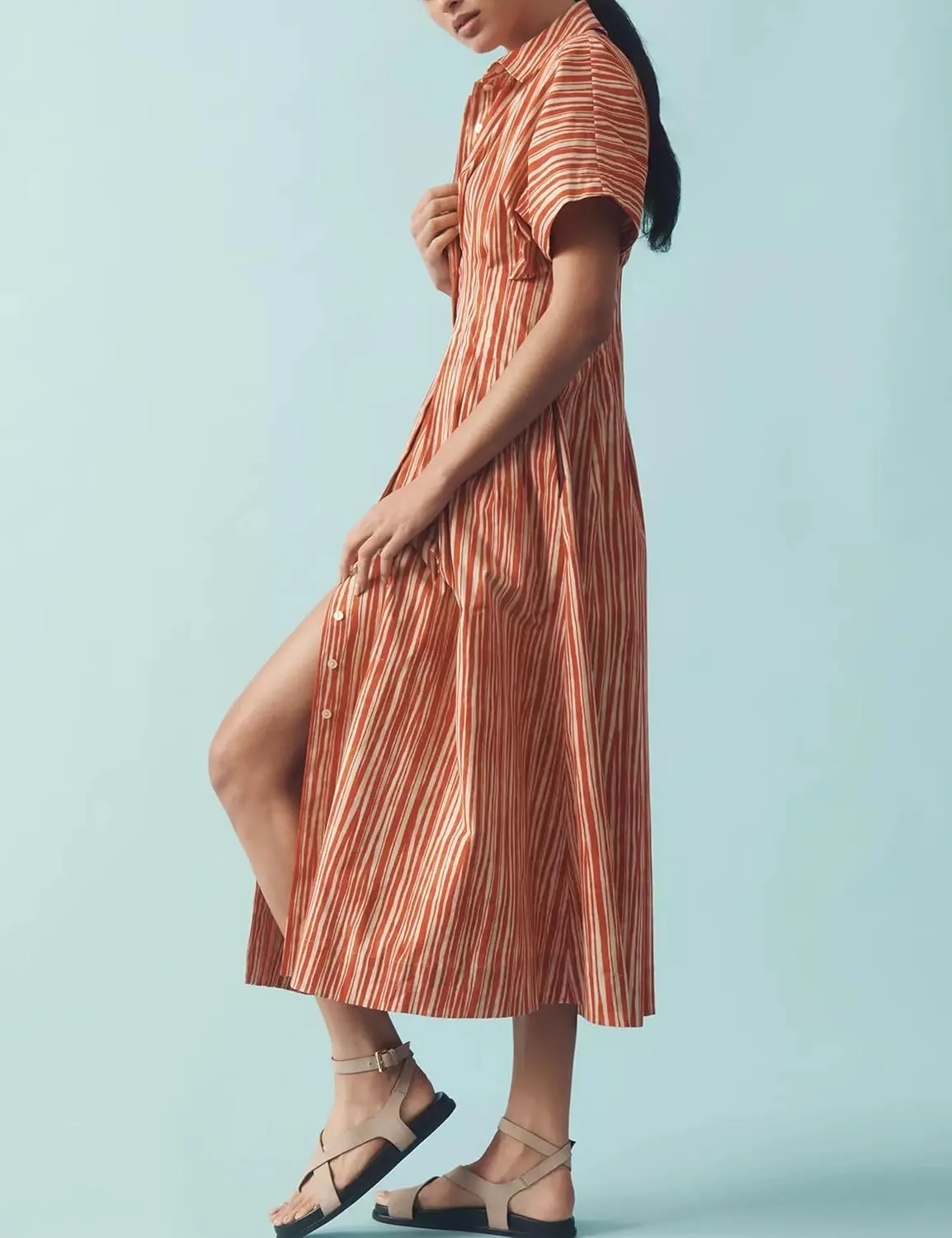 Women Button Front Pleated Shirt Maxi Dress Summer Striped Prints Short Sleeve Collar Casual Long Dresses